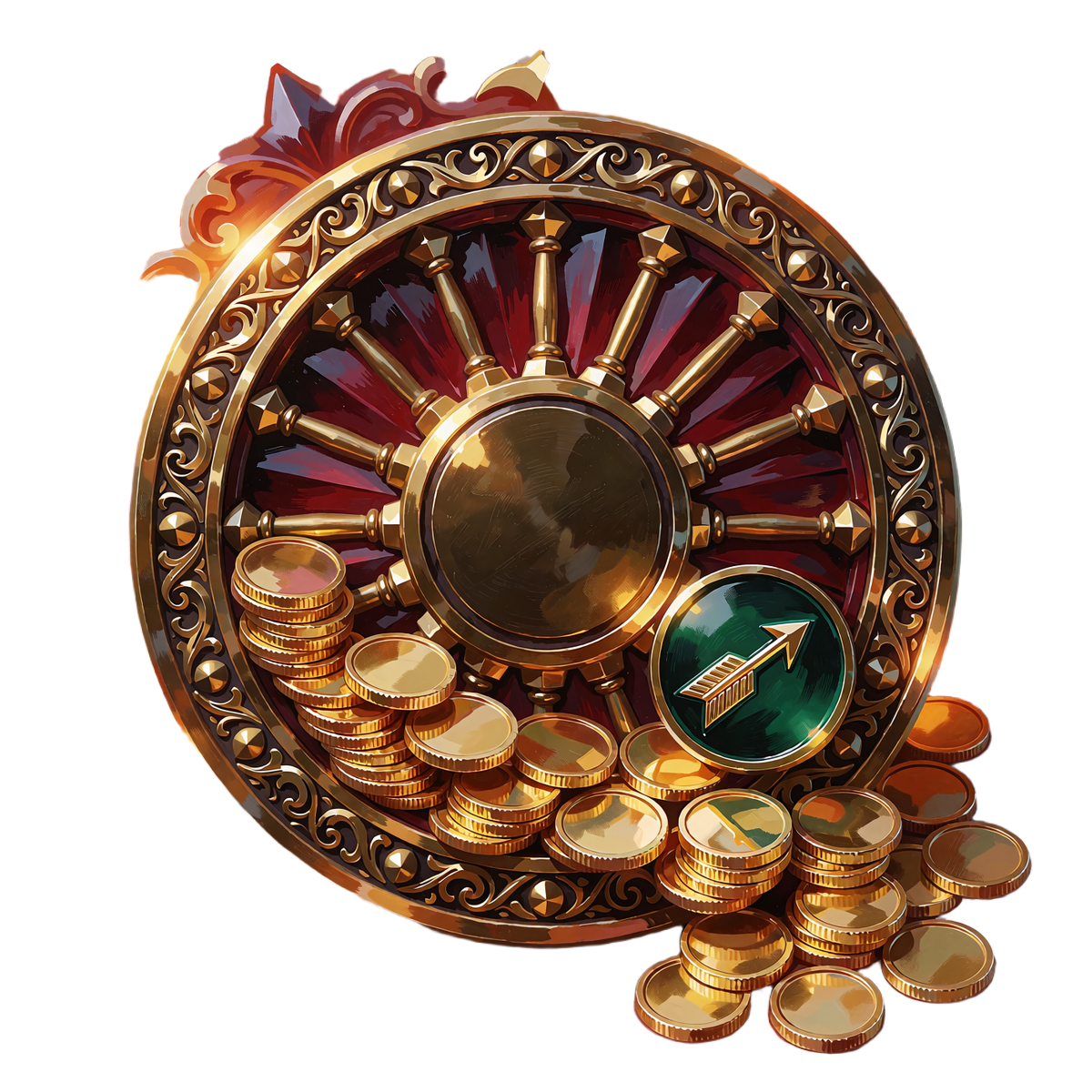 Złoty medalion bonusowy ze stosami monet symbolizujący bonus powitalny do &euro;3000 i 350 free spin&oacute;w w kasynie online WestAce