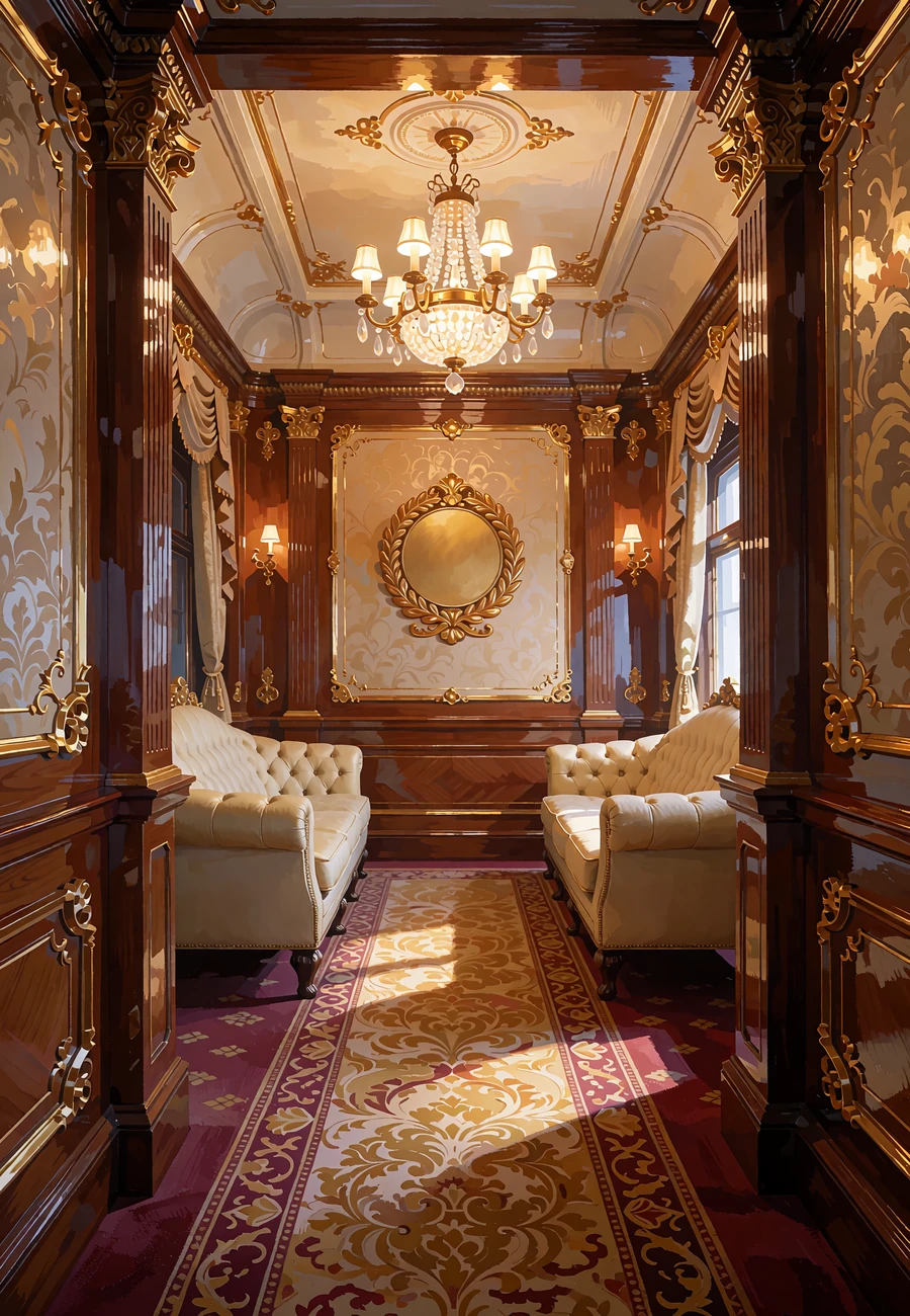 Elegancki salon klubu VIP z żyrandolem i złotym emblematem w stylu Dzikiego Zachodu