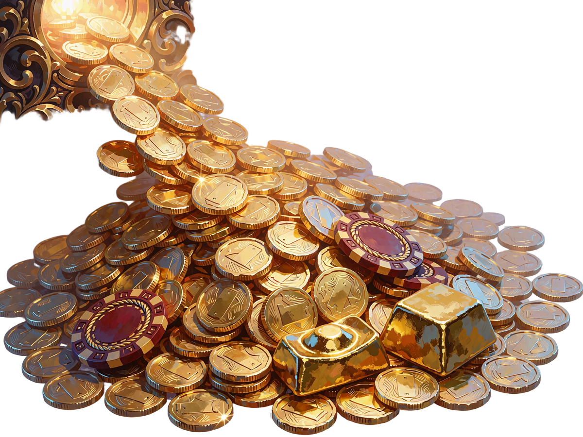 Kaskada błyszczących złotych monet i żeton&oacute;w kasynowych symbolizująca rozszerzony bonus powitalny WestAce